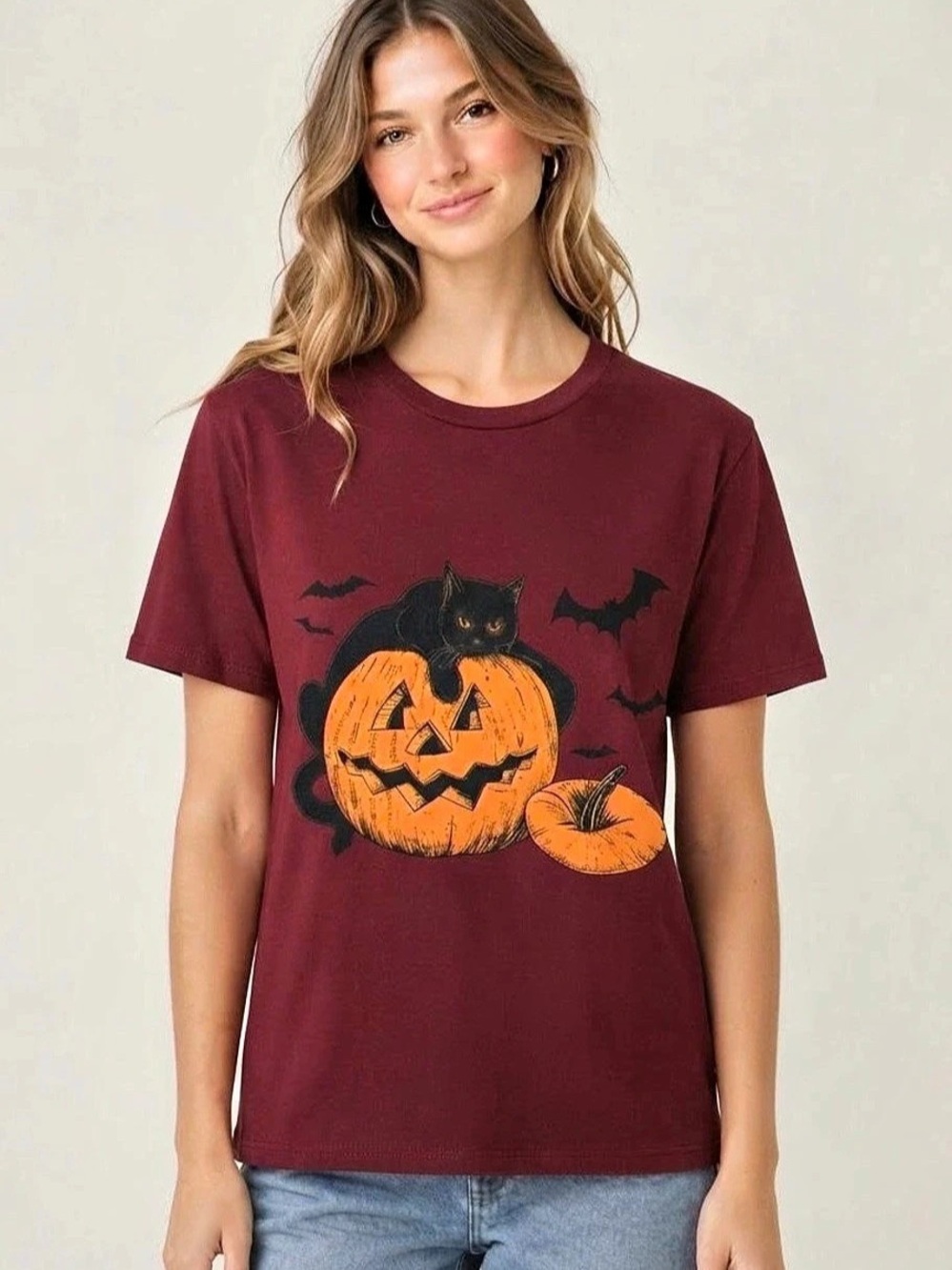 Halloween Black Cat Pumpkin T Shirt Maroon Graphic Spooky Tee